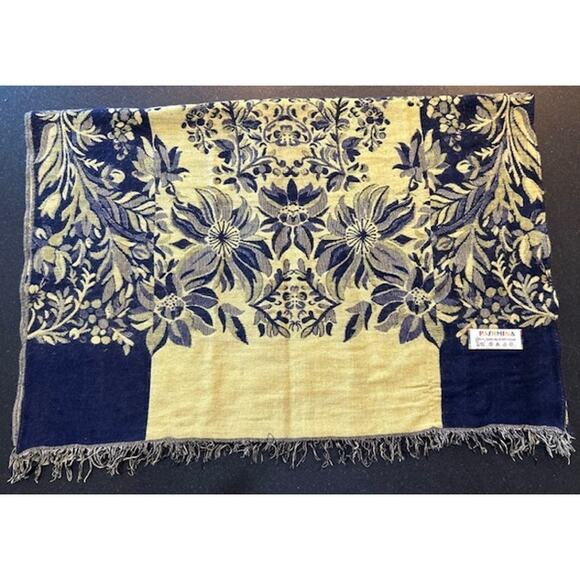 PASHMINA Blue Yellow Floral VINTAGE Scarf Shawl Wrap Wool One Size 26 x 70 - Picture 1 of 10